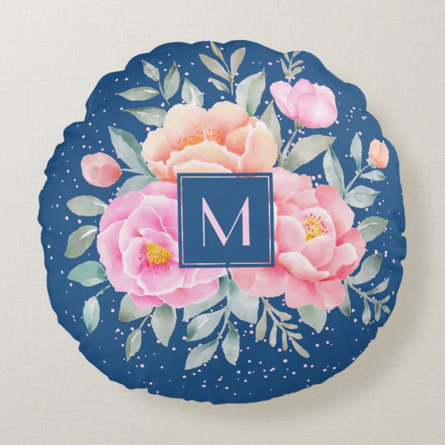 Coussins Ronds Monogramme Aquarelle pivoines Rose bleu rose flora (Devant)