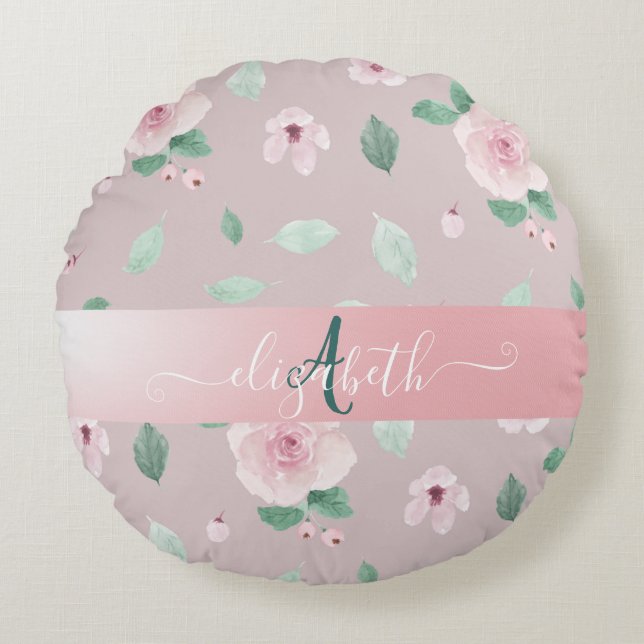 Coussins Ronds Monogramme Chic Fleurs Aquarelles (Devant)
