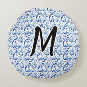 Coussins Ronds Monogramme d'art fin en mosaïque de feuilles bleue
