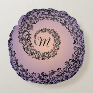 Coussins Ronds Monogramme de pêche et de damas violet