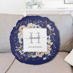 Coussins Ronds Monogramme Élégant Jolies Fleurs Bleues Beige Flor