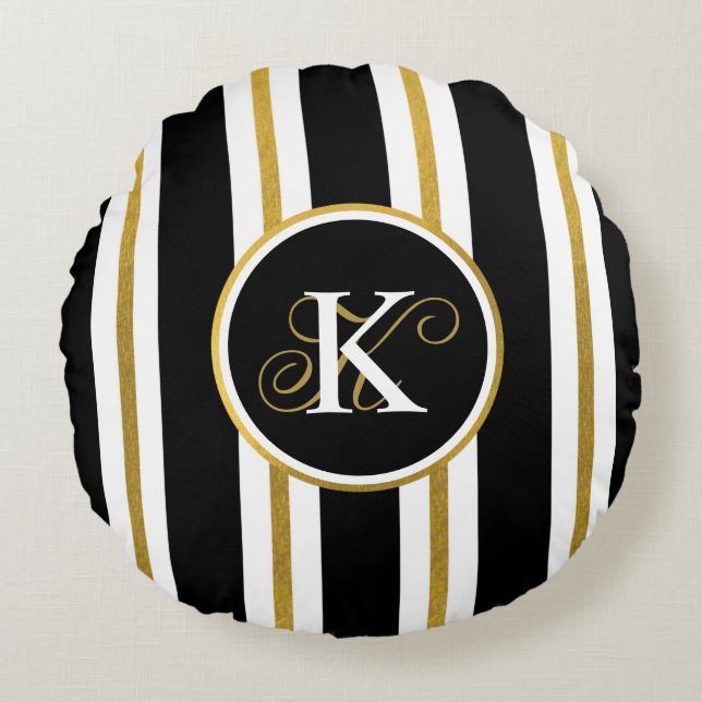 Coussins Ronds Monogramme Elégant Noir & Or Personnalisé (Devant)