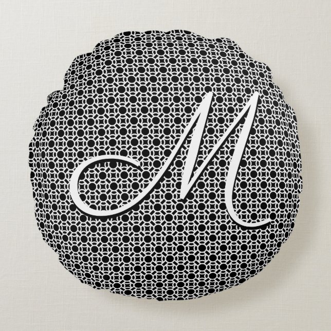Coussins Ronds Monogramme initial géométrique noir et blanc (Devant)