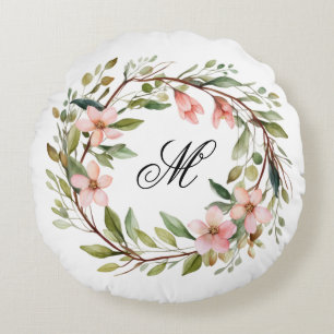 Coussins Ronds Monogramme Jolie brindille et couronne Fleur sauva