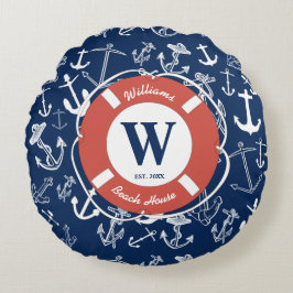 Coussins Ronds Monogramme marine Ancre bleue Maison de plage