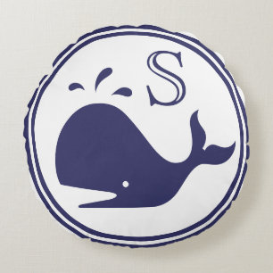Coussins Ronds Monogramme Marine marine Bleu baleine blanche côte