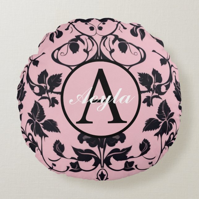 Coussins Ronds Monogramme moderne Rose rose et noir Damask (Devant)
