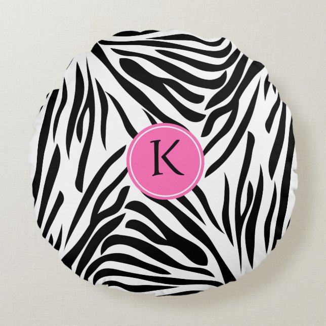 Coussins Ronds Monogramme noir et blanc Zèbre Impression avec ros (Devant)