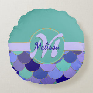 Coussins Ronds Monogramme + Nom Purple & Aqua Turquoise #Mermaid 