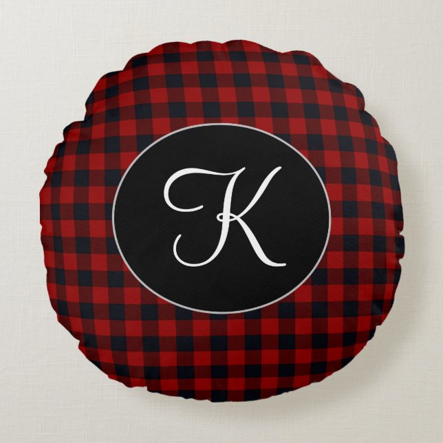 Coussins Ronds Monogramme personnalisé carreau de bœuf rouge et n (Devant)