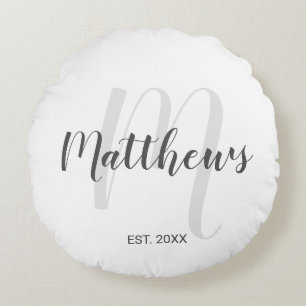 Coussins Ronds Monogramme personnalisé en écriture moderne & nom 