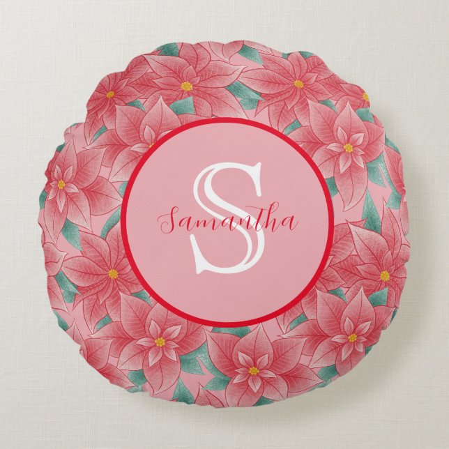 Coussins Ronds Monogramme Personnalisé Poinsettia Rose Mignon (Devant)