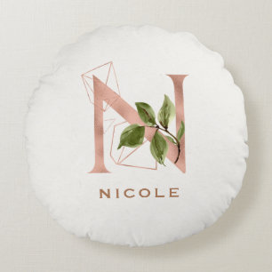 Coussins Ronds Monogramme personnalisé Rose or floral initial N
