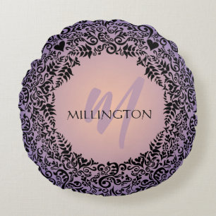 Coussins Ronds Monogramme pourpre et broyer Damas