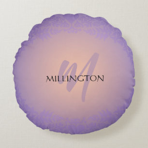 Coussins Ronds Monogramme pourpre et broyer Damas