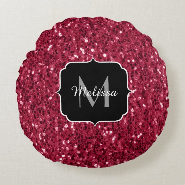 Coussins Ronds Monogramme rose foncé magenta faux scintillants (Devant)