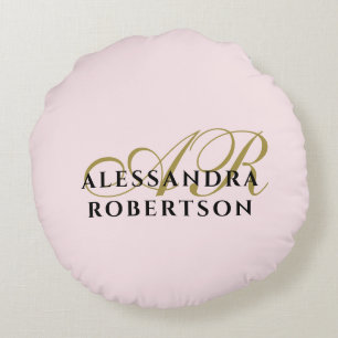 Coussins Ronds Monogramme Rose Pastel Or Noir Minimaliste Élégant