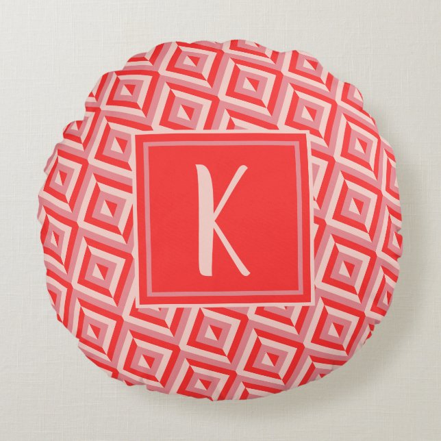 Coussins Ronds Monogramme rouge Motif diamant à trois tons (Devant)