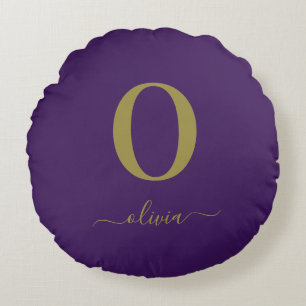 Coussins Ronds Monogramme Script Nom Personnalisé Violet Et Or