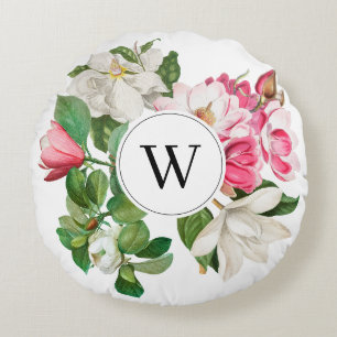 Coussins Ronds Monogramme vintage blanc et rose des fleurs de Mag