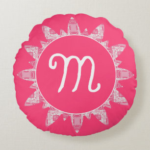 Coussins Ronds Monographie féminine Rose rose blanc