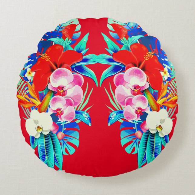 Coussins Ronds Monstère de palmier d'orchidée tropicale rouge flo (Devant)