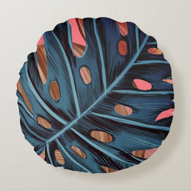 Coussins Ronds Monstère feuille de palme tropicale moderne (Devant)