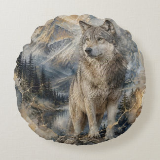 Coussins Ronds Montagnes sauvages aquarelle Loup gris