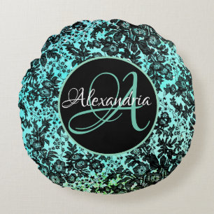Coussins Ronds Moody Dark Floral sur Monogramme Turquoise