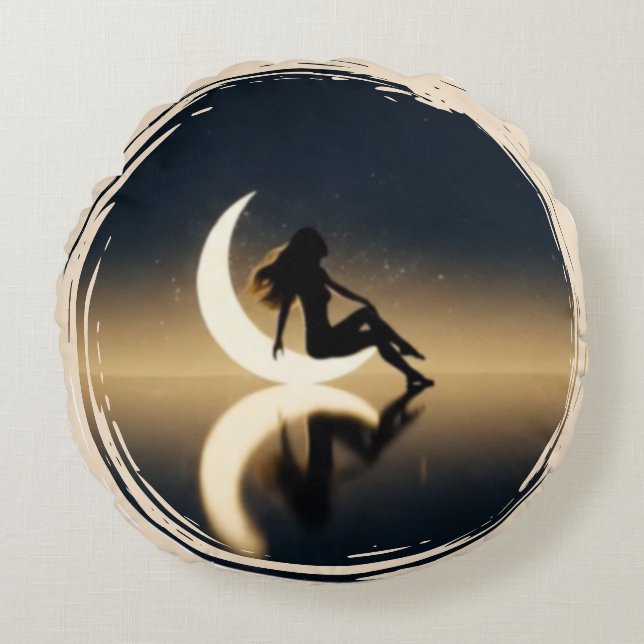 Coussins Ronds Moonlight Muse–Celestial Woman with Crescent Moon (Devant)
