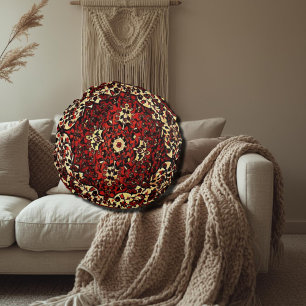 Coussins Ronds Moquette persane look rouge foncé et crème