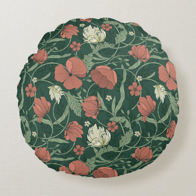 Coussins Ronds Morris Garden Vert & Rouge Floral (Devant)