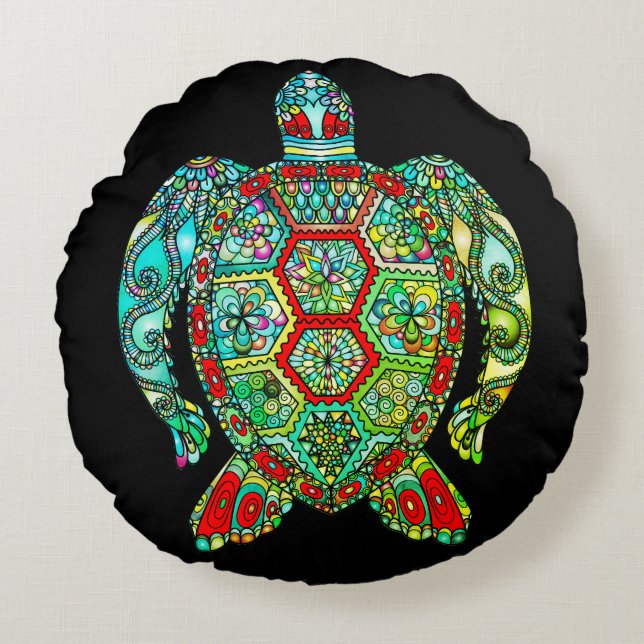 Coussins Ronds Mosaïque de tortue de mer inversée noir rouge vert (Devant)