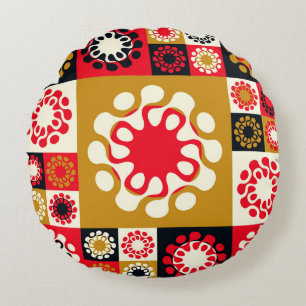 Coussins Ronds Mosaïque Rouge Or Asiatique, Style Ethnique.