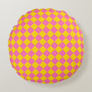 Coussins Ronds Motif à carreaux en diamant Harlequin rose jaune
