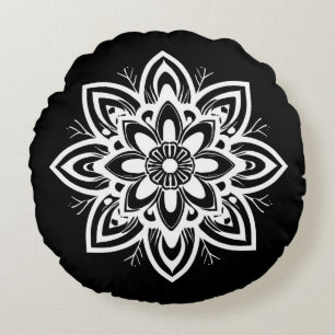 Coussins Ronds Motif à fleurs Mandala en noir et blanc
