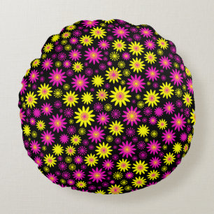 Coussins Ronds Motif à fleurs - Rose chaud, Jaune et Noir