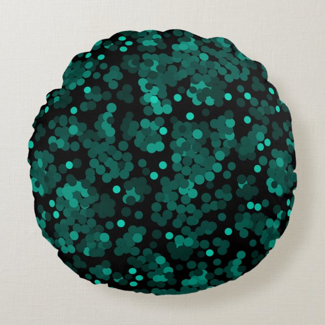 Coussins Ronds Motif à pois vert turquoise sur noir (Devant)