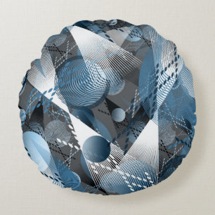 Coussins Ronds Motif abstrait gris, bleu, blanc.