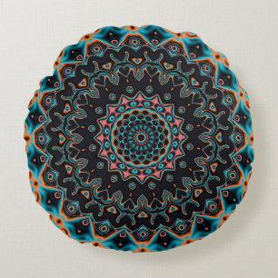 Coussins Ronds Motif bleu Turquoise noir rose Mandala Boho