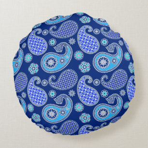 Coussins Ronds Motif cachemire, bleu cobalt et blanc