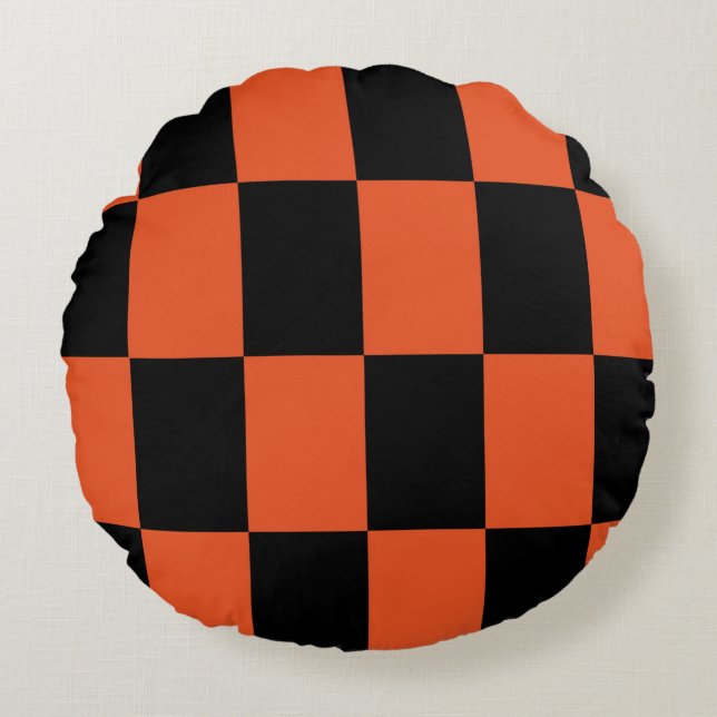 Coussins Ronds Motif chèque À damiers orange noir (Devant)