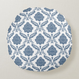 Coussins Ronds Motif Damassé Rococo Bleu sur Fond Blanc