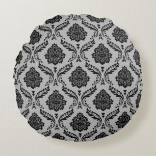 Coussins Ronds Motif Damassé Rococo Noir sur Gris