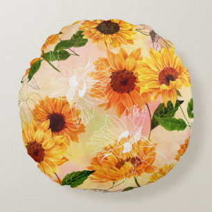 Coussins Ronds Motif d'aquarelle de tournesols jaunes dessinés à 