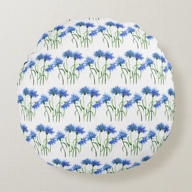 Coussins Ronds Motif d'aquarelle fleurs bleues de Cornflowers (Devant)