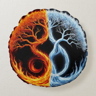 Coussins Ronds Motif d'arbre Yin Yang représentant l'équilibre du