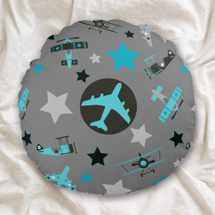 Coussins Ronds Motif d'avions Blue Grey