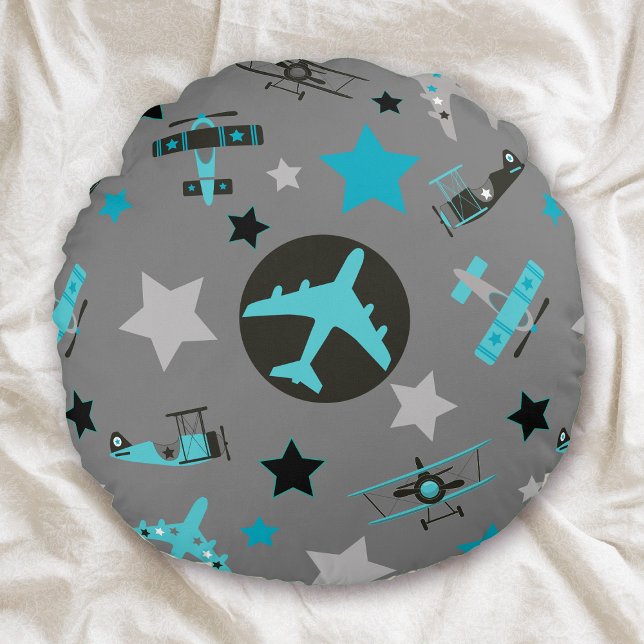 Coussins Ronds Motif d'avions Blue Grey (Créateur téléchargé)