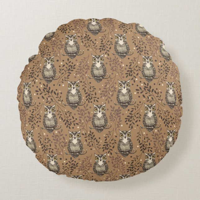 Coussins Ronds Motif de bois illustré de Chouette Brown (Devant)